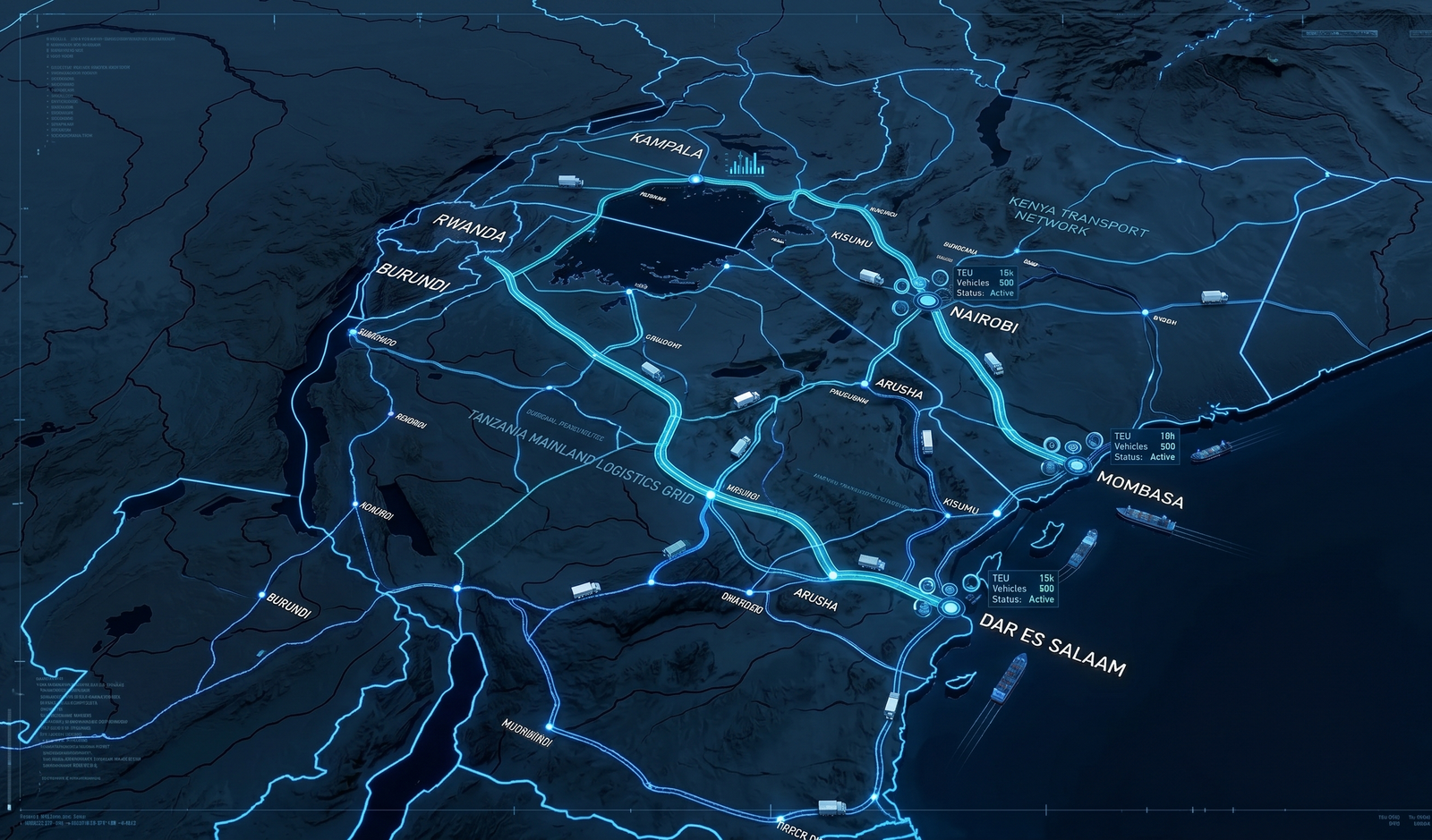 East African transit route dark map overlay